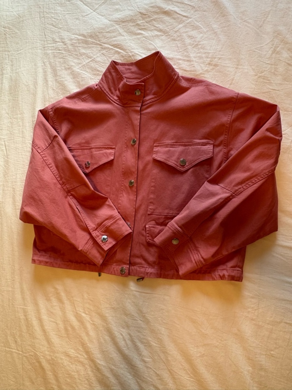 Michael Kors Cropped Utility Jacket Coral Red Gold Snap M